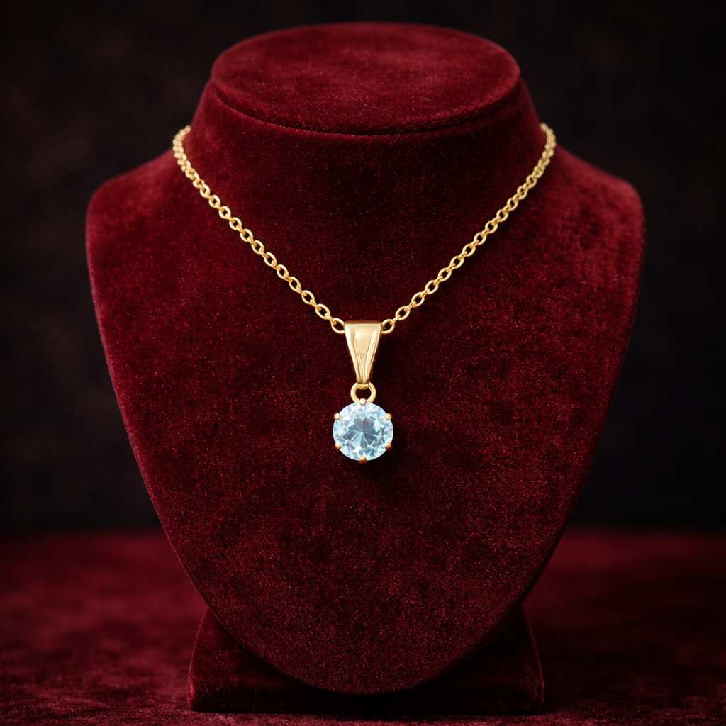 Natural Blue Topaz Solitaire Pendant Solid Yellow Gold 18" 46cm Length Chain