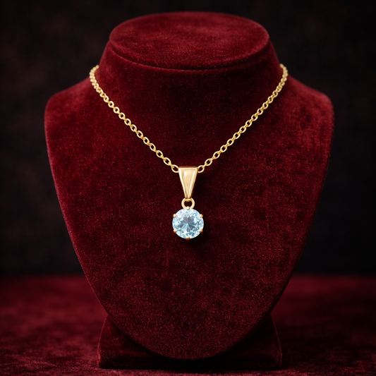 Natural Blue Topaz Solitaire Pendant Solid Yellow Gold 18" 46cm Length Chain