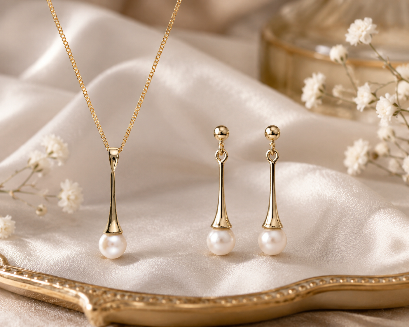 Elegant Yellow Gold Freshwater Pearl Jewellery Set – Matching Pendant & Earrings