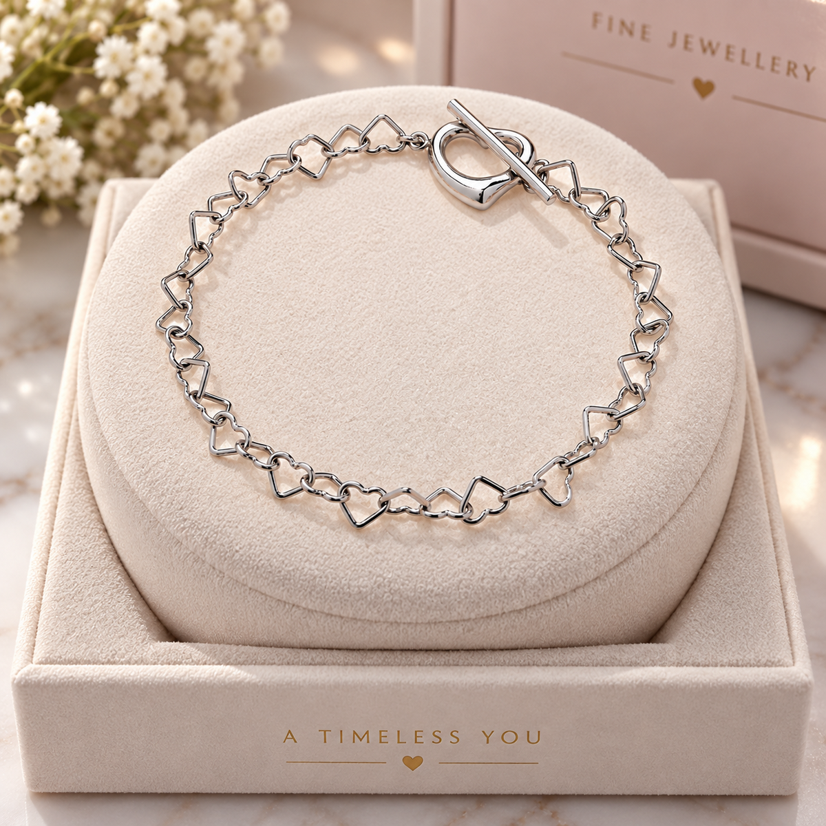 Sterling Silver Heart Link Chain Bracelet Toggle Clasp 925 Romantic Gift