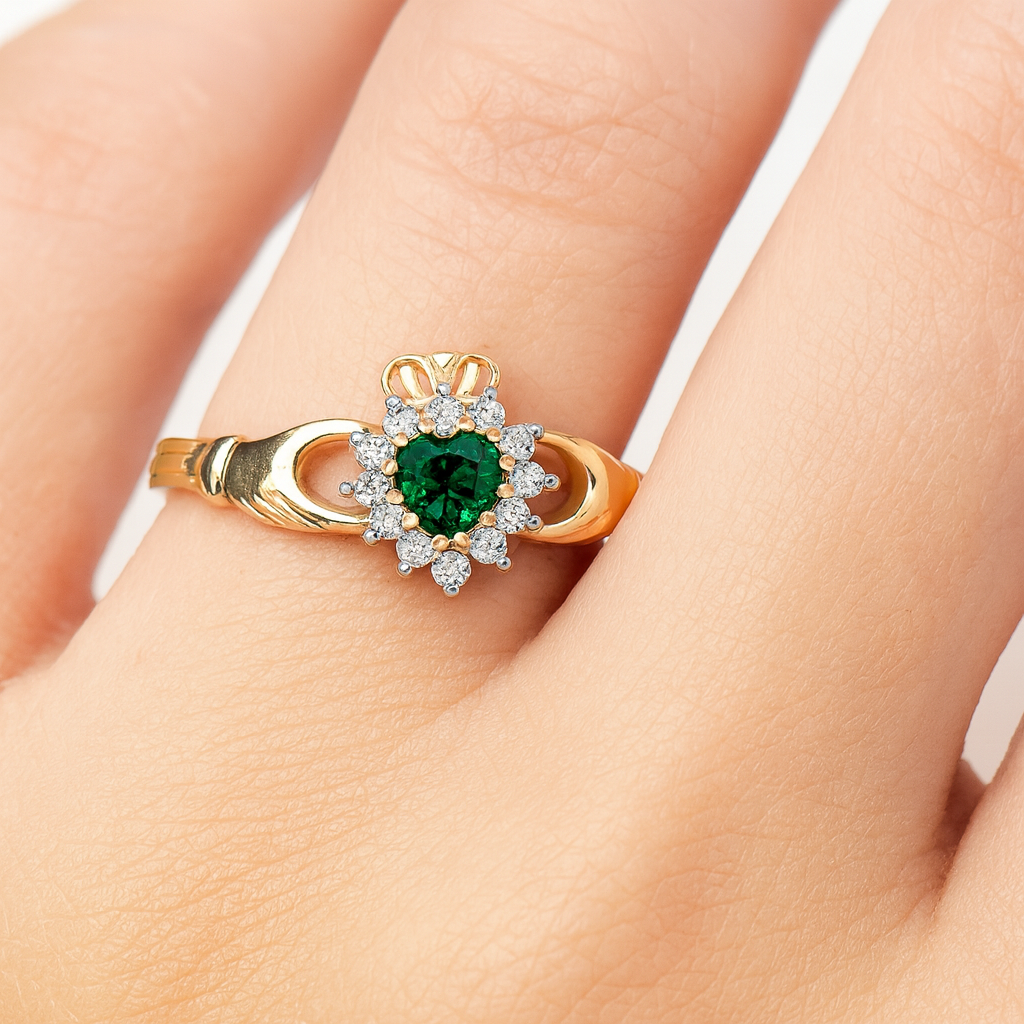 18ct Gold Emerald Claddagh Ring on Solid Sterling Silver  925 Hallmark