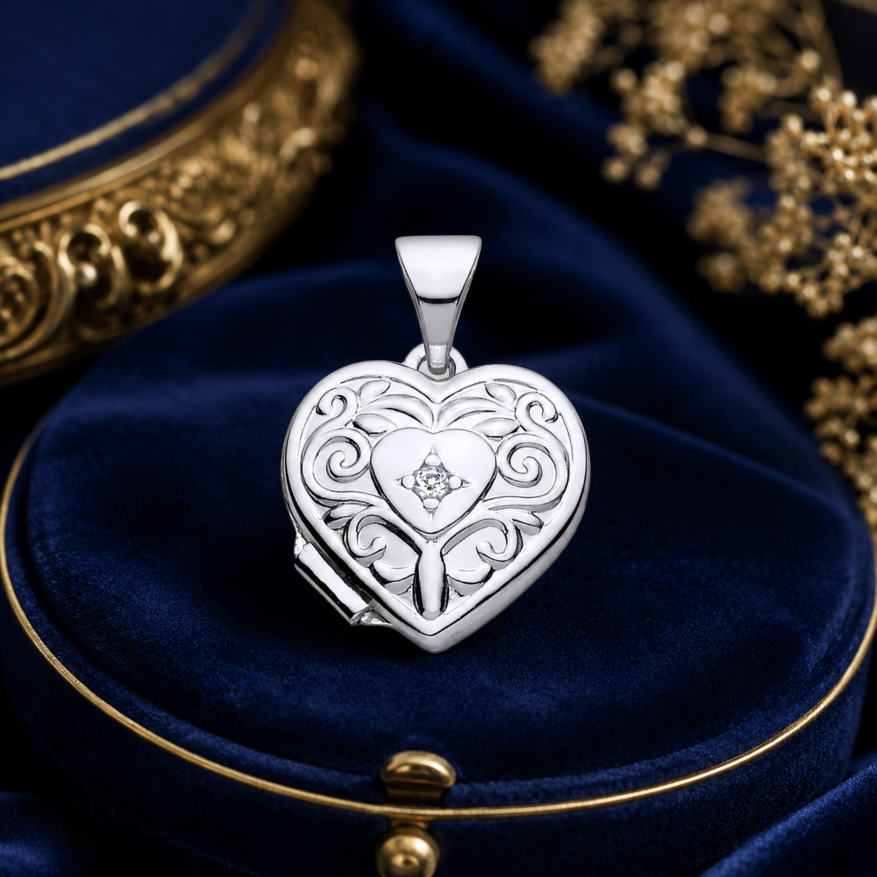 Sterling Silver Heart Locket Pendant with Natural Diamond 18" Chain 925