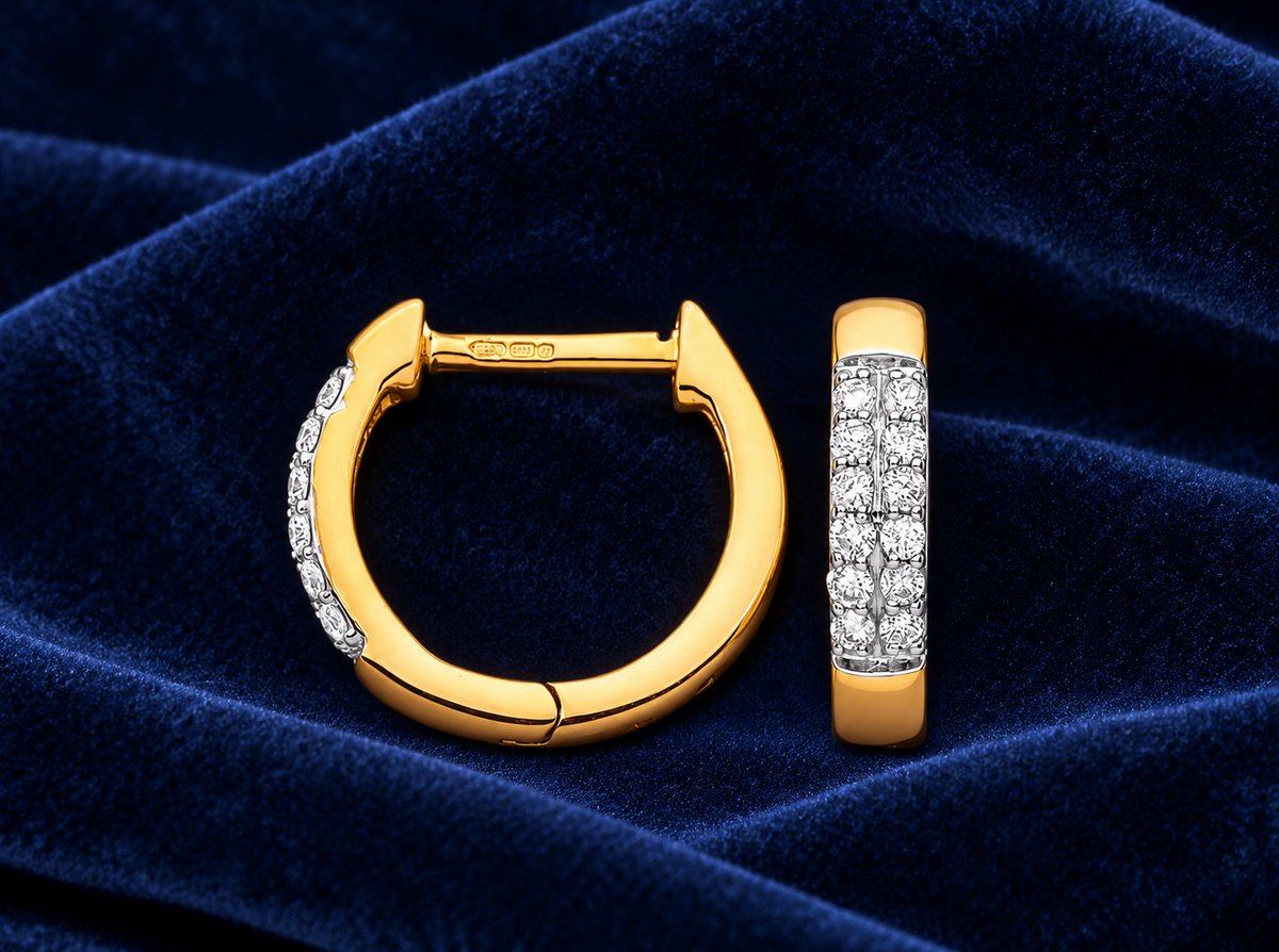 Real Diamond Huggie Hoop Earrings 9ct Yellow Gold 12mm 0.18ctw Mined Diamonds