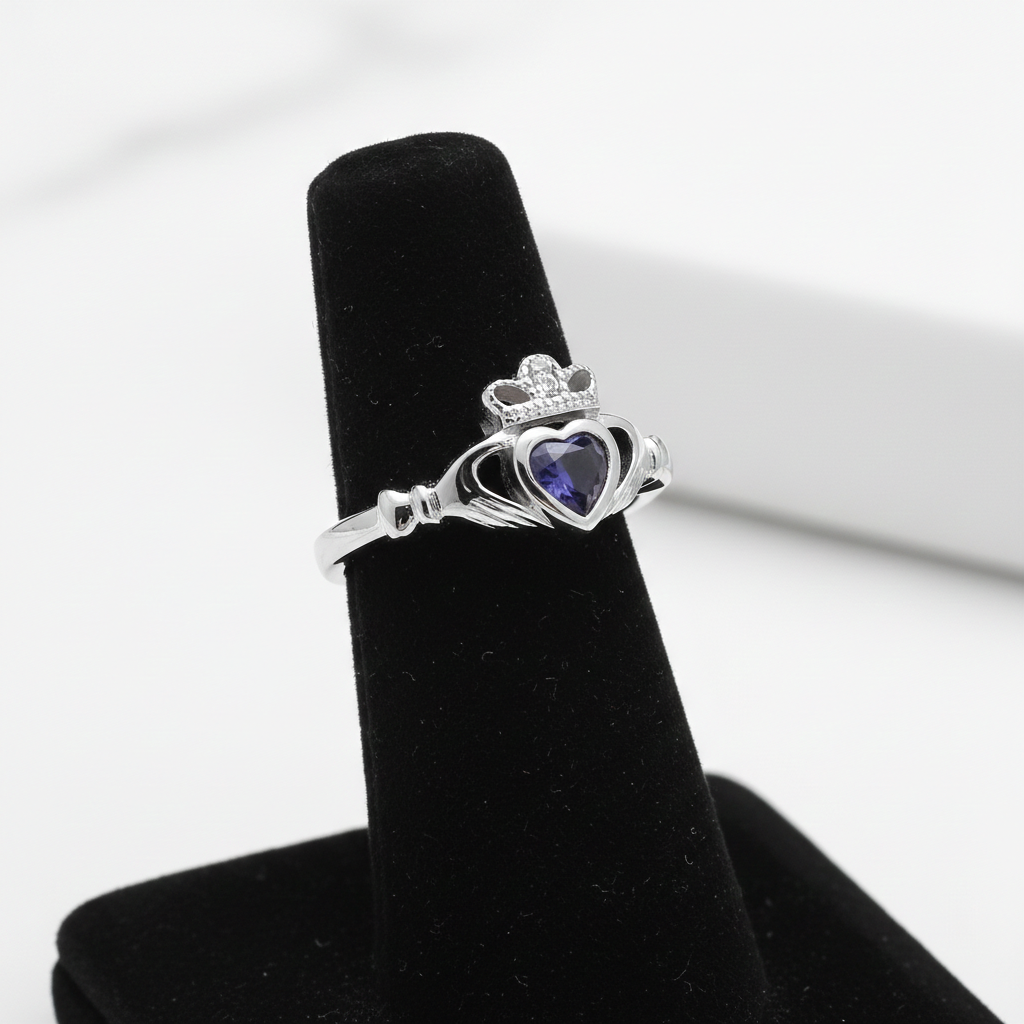 Sterling Silver Tanzanite Claddagh Ring 925 Hallmark Size K - S