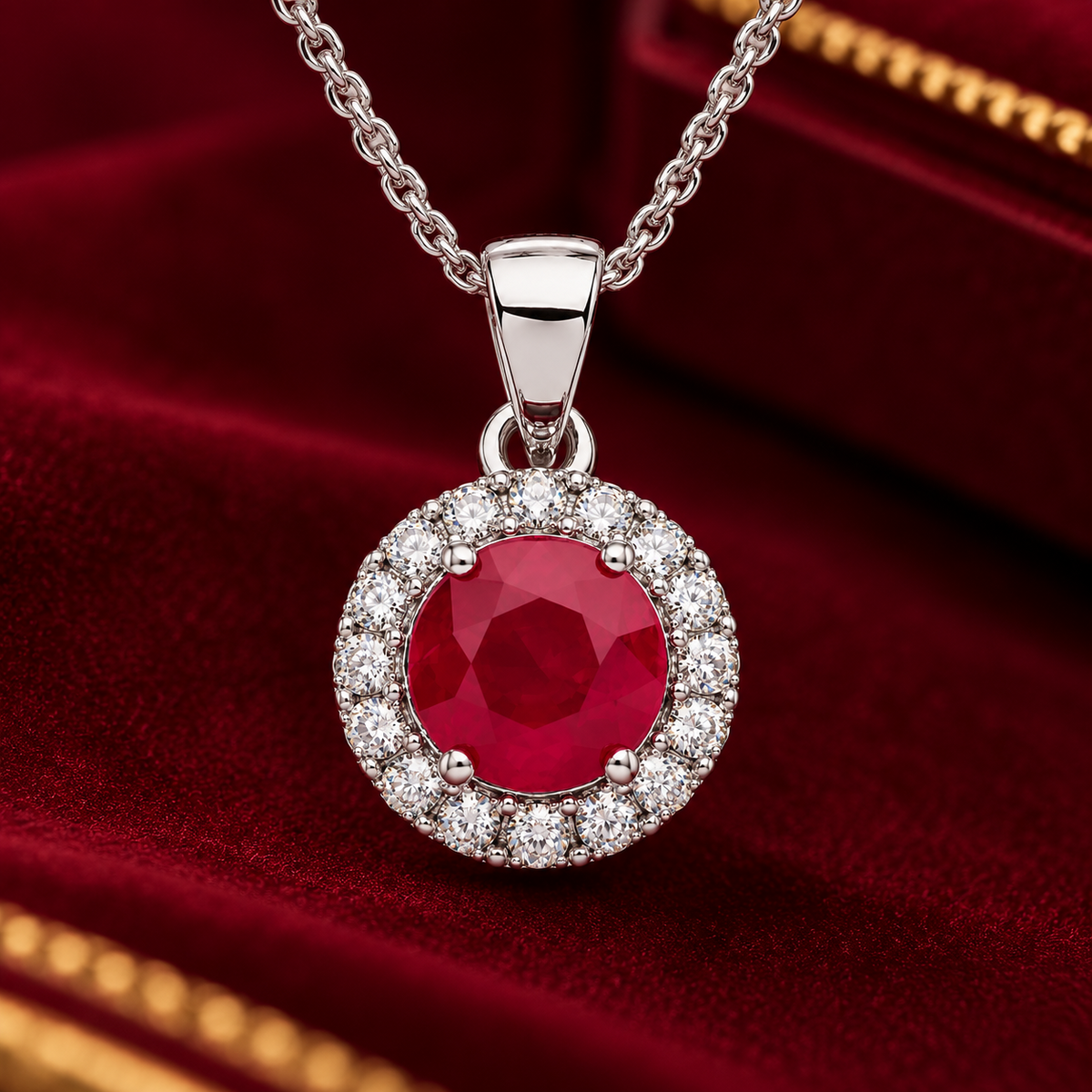 Elegant Ruby Round Pendant With Real Diamond Halo 9ct White Gold 18" Chain