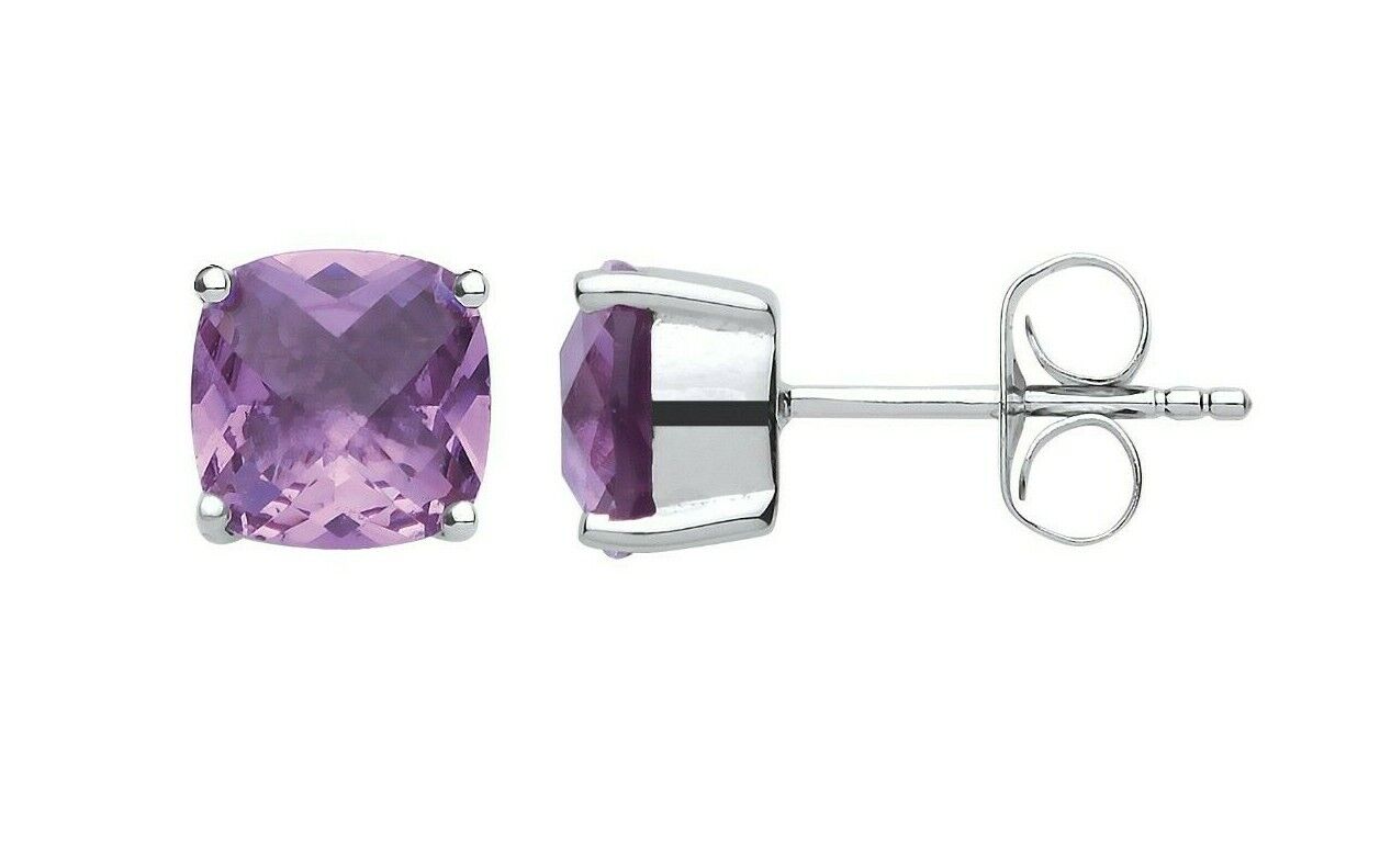 Amethyst Cushion Solitaire Earrings Sterling Silver Rhodium Plate 925 Hallmark