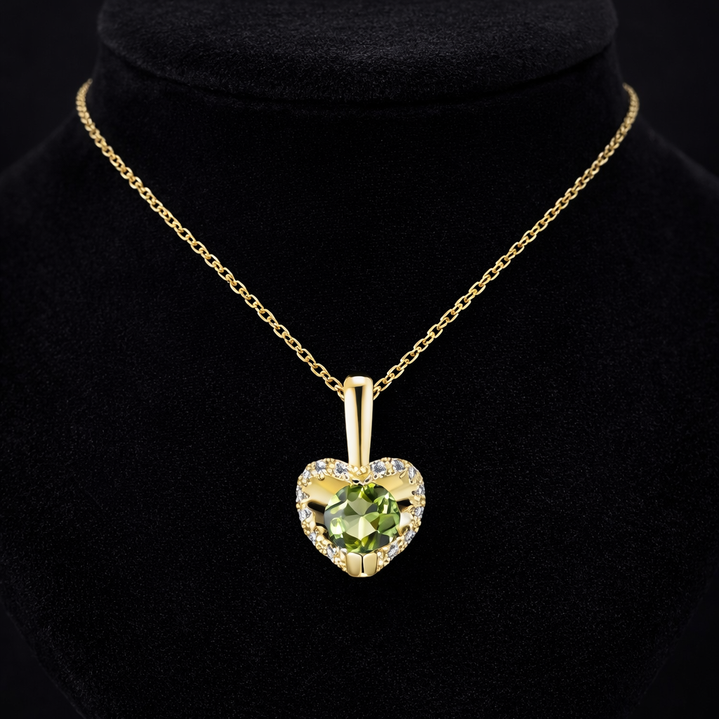 Real Peridot Heart Pendant With Diamond Solid Yellow Gold 18" 46cm Length Chain