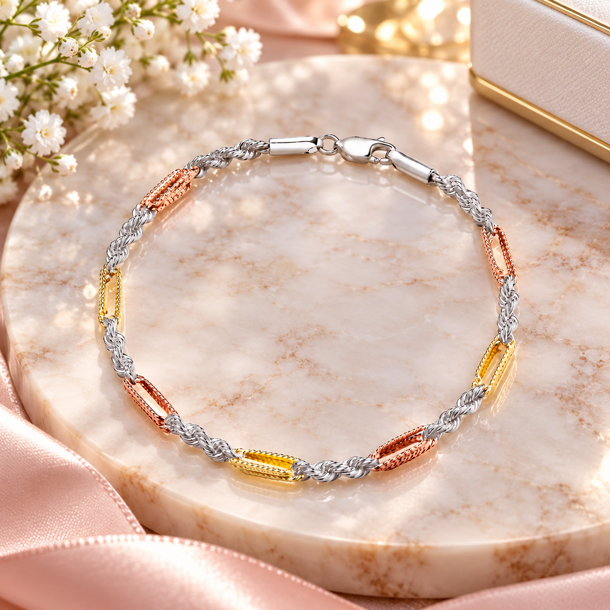 Three Colour Rope Chain Bracelet 18ct Gold on Solid Silver Lobster Clasp 925