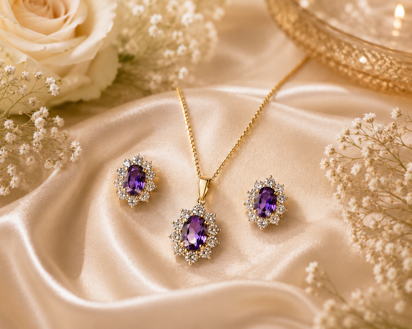 Elegant Amethyst Jewellery Set in Yellow Gold – Pendant Necklace & Matching Stud