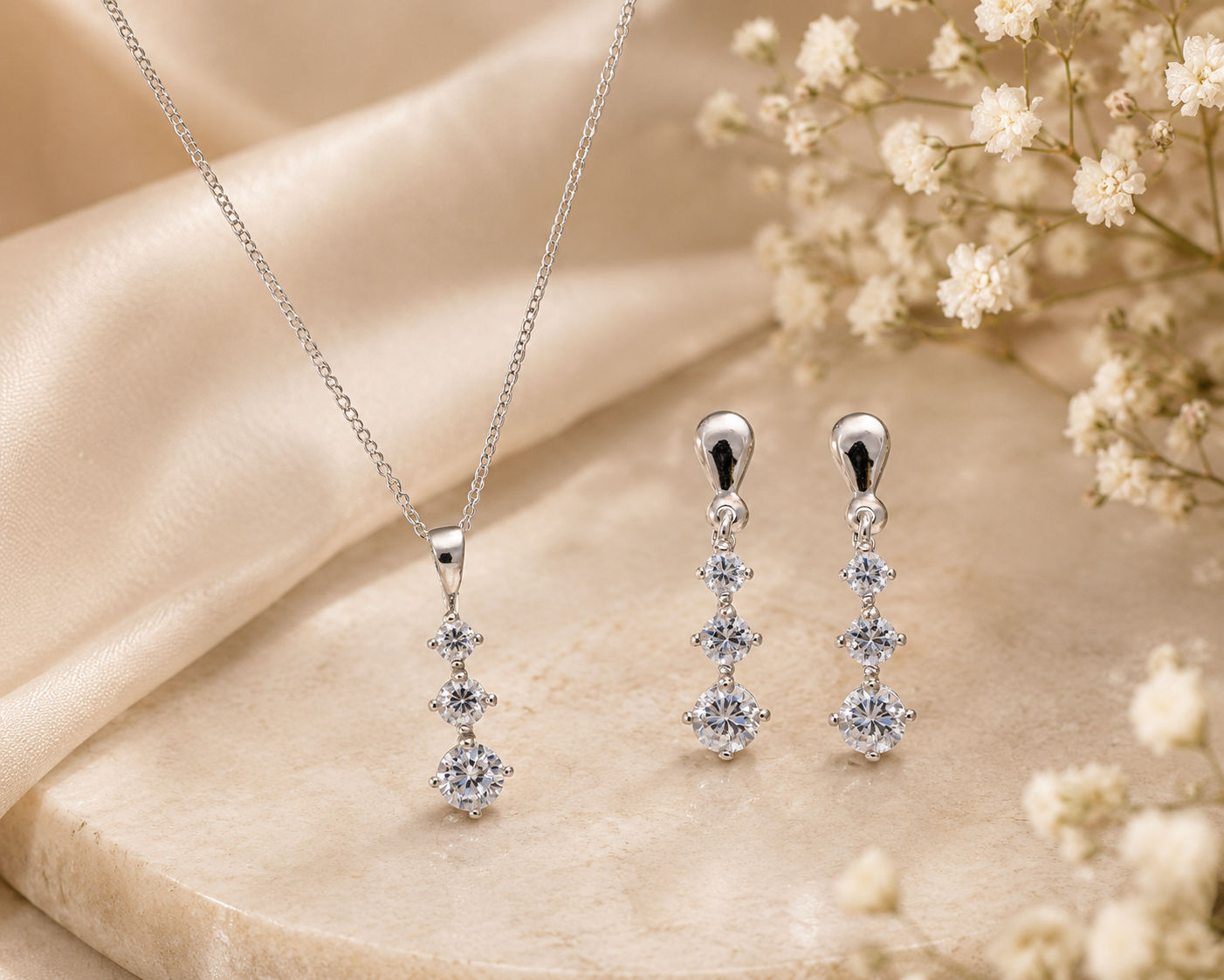 Three-Stone Pendant & Earring Set Solid White Gold 18" Chain