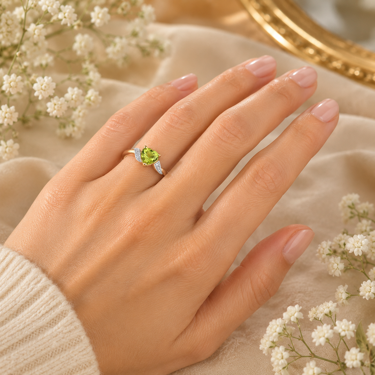 9ct Yellow Gold Heart Cut Peridot & Diamond Accent Ring 375 Gold Gift for Her