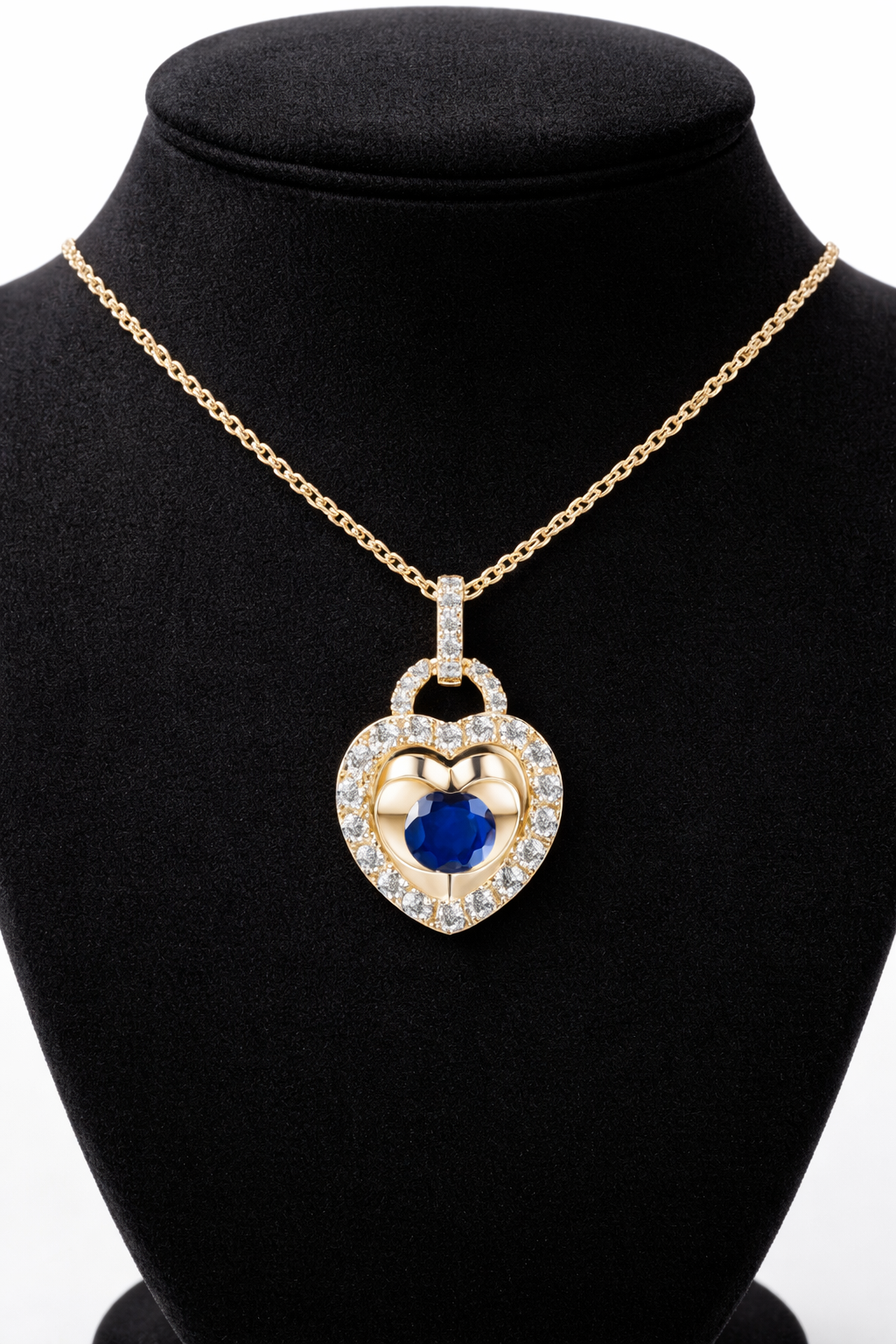 Sapphire Heart Necklace With Diamond Solid Yellow Gold 18" 46cm Length Chain
