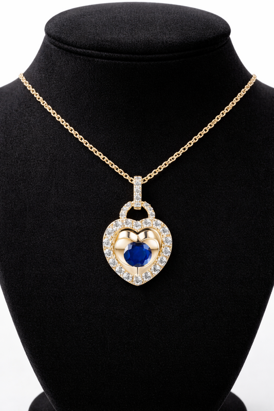 Sapphire Heart Necklace With Diamond Solid Yellow Gold 18" 46cm Length Chain