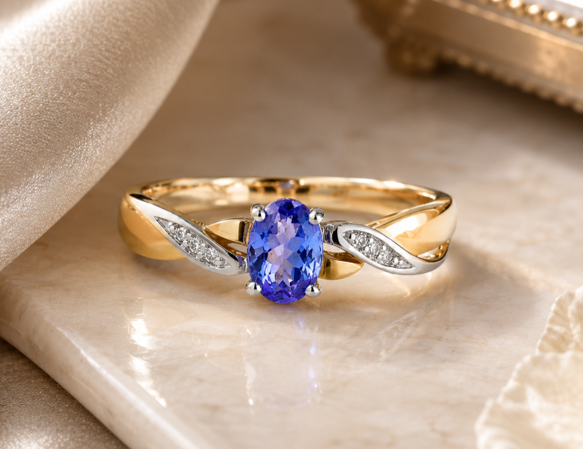 Tanzanite & Diamond Oval Gemstone Ring Two Tone Yellow & White Gold Hallmarked