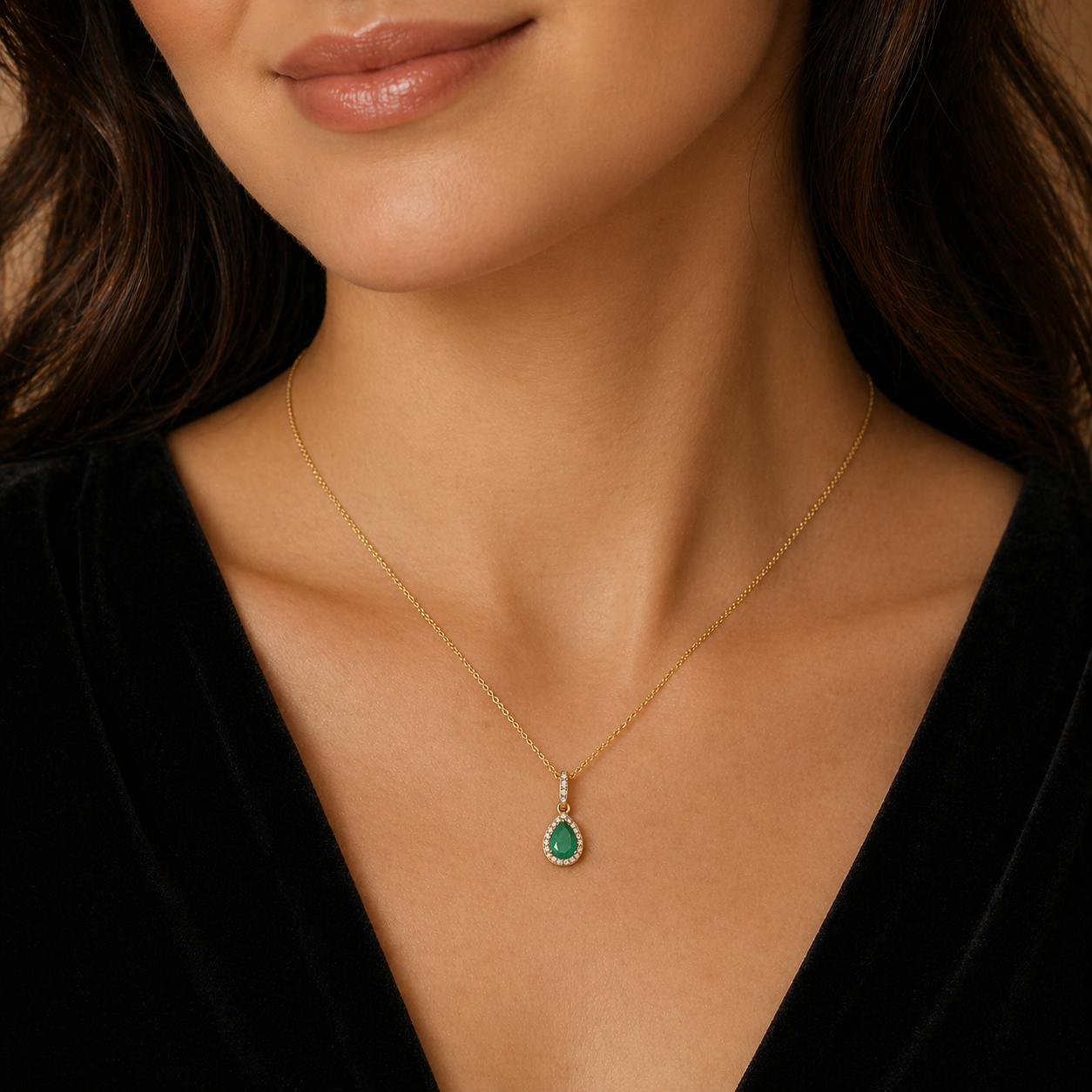 Emerald Pear Cluster Pendant With Diamond 18ct Yellow Gold 16" 41cm Length Chain