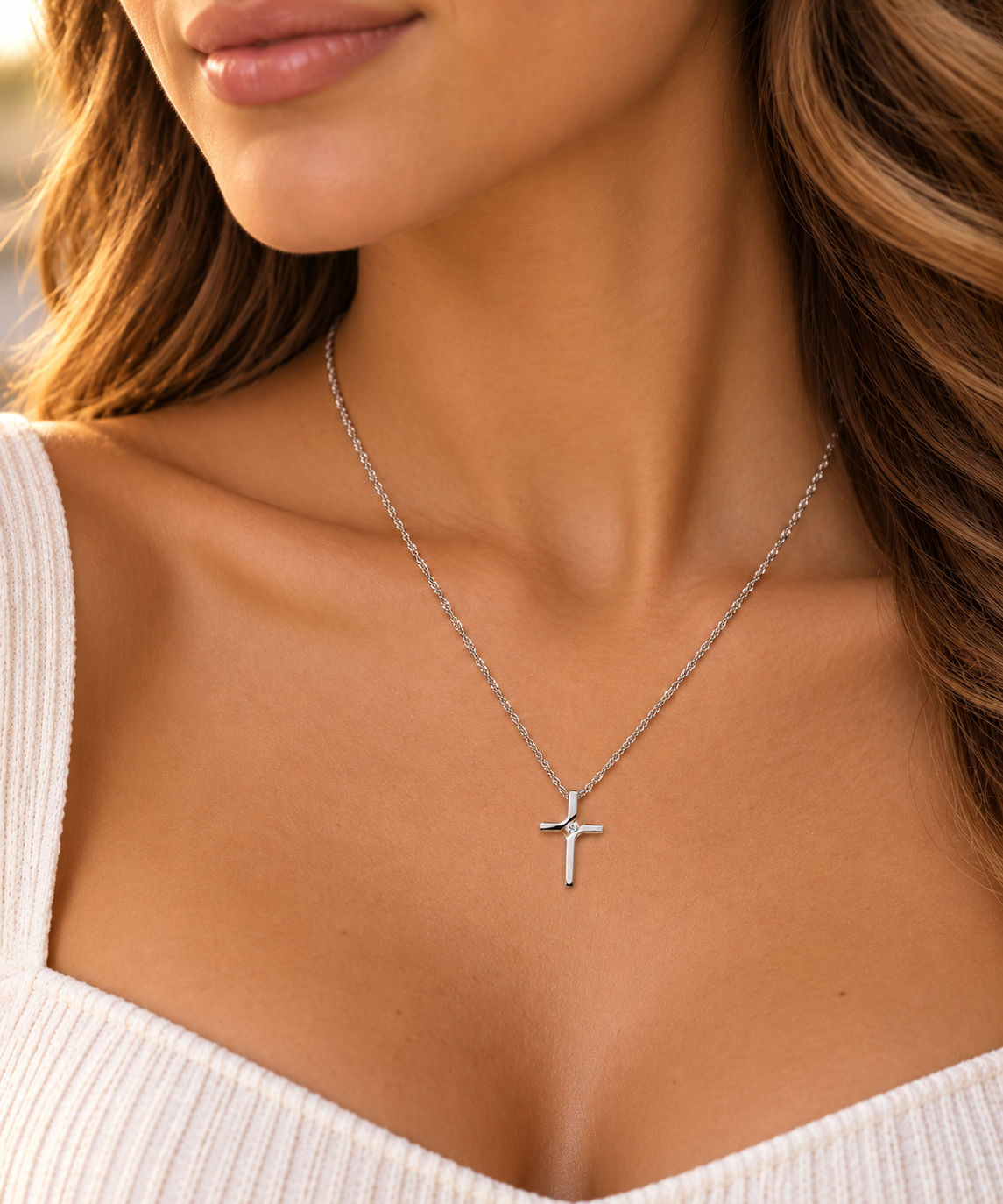 Elegant Diamond Cross Pendant Necklace 9ct White Gold 18" Singapore Chain