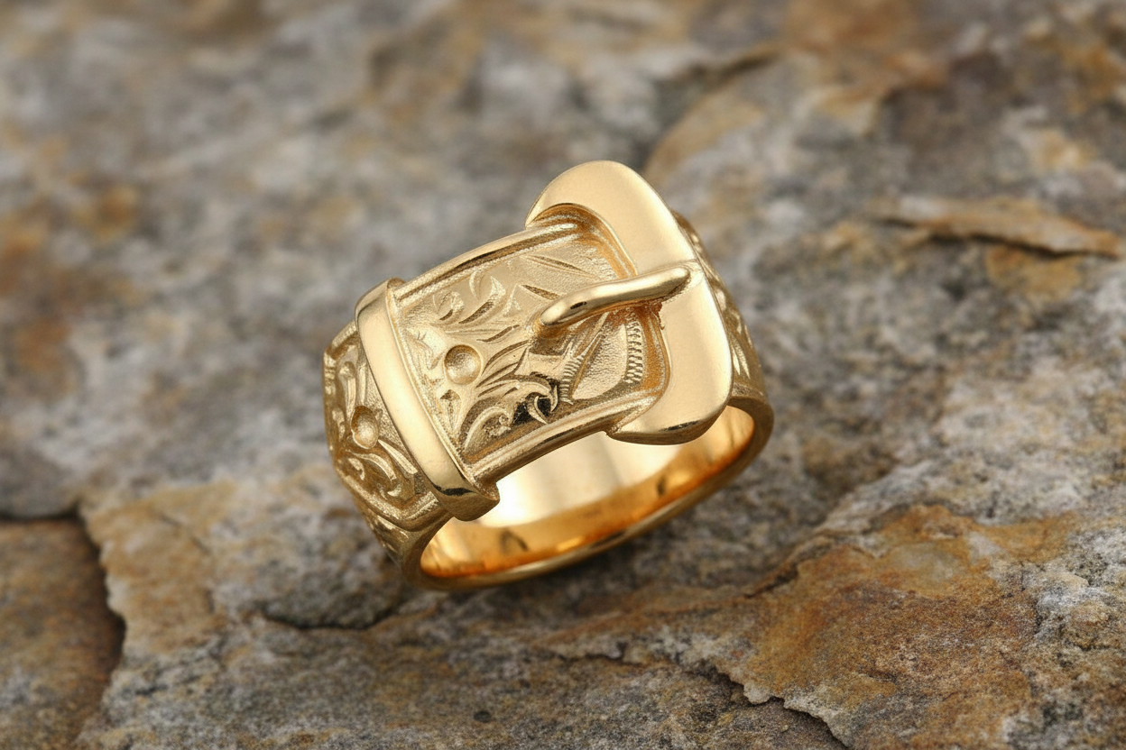 Gents Buckle Ring 9 Carat Solid Yellow Gold Hallmarked British Made Men's Band