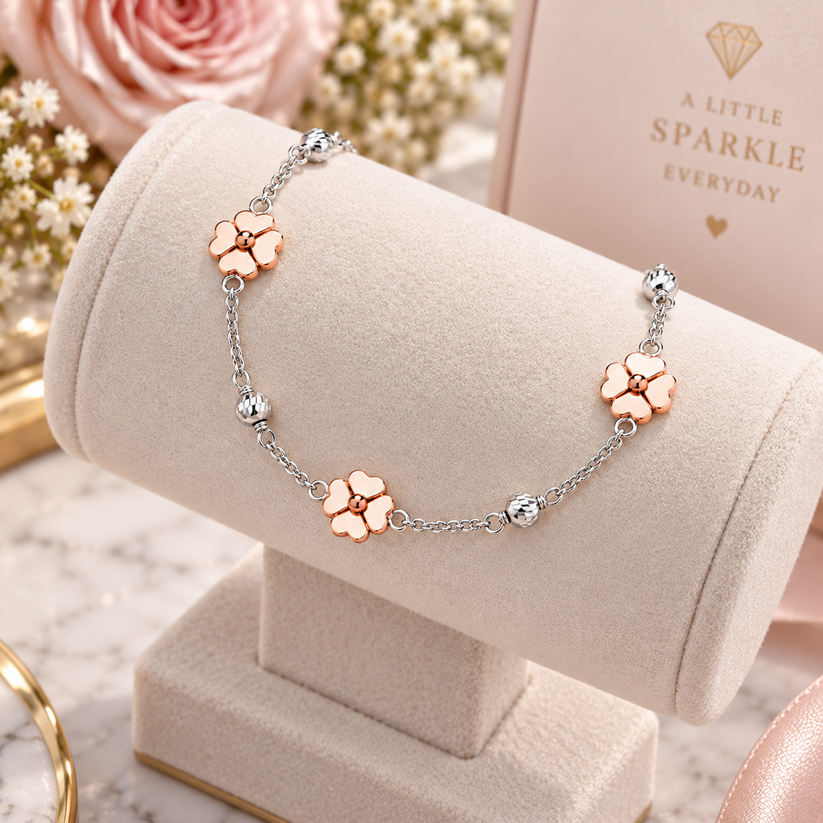 Rose Gold Flower Charm Solid Sterling Silver Chain Bracelet Beaded 925 Hallmark