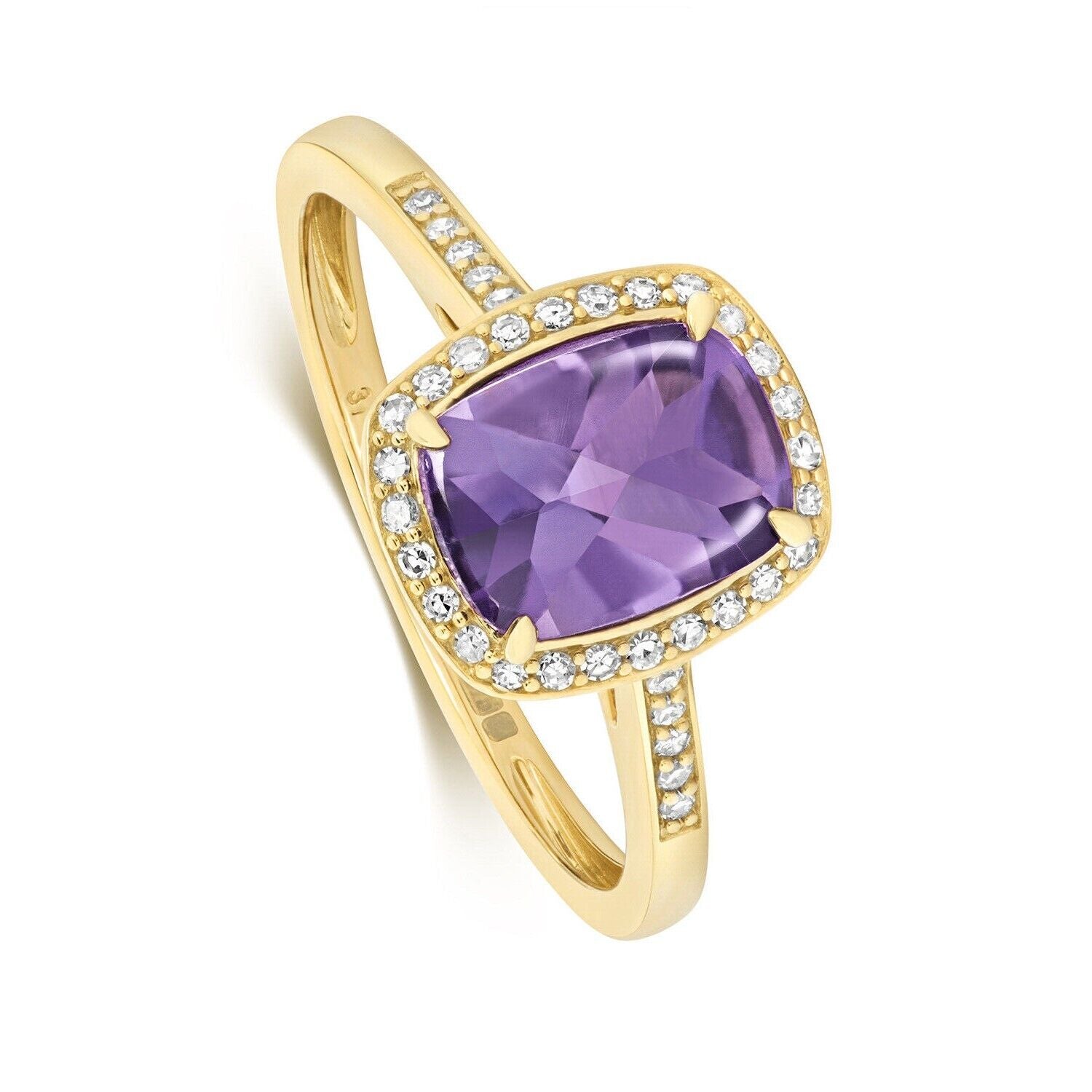 Real Amethyst and Diamond Ring Solid Yellow Gold Cushion Cut Size J - Q