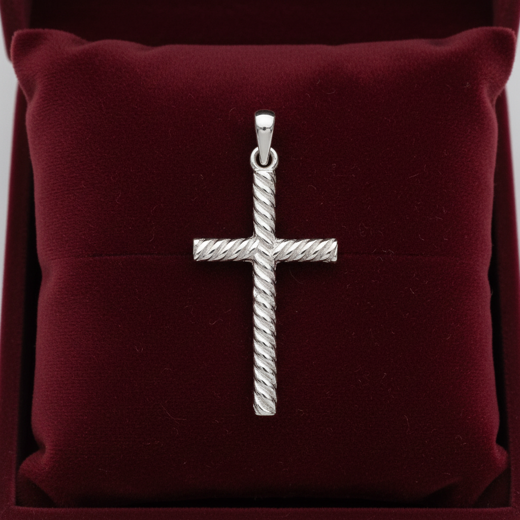 Sterling Silver Rope Cross Pendant 925 Hallmark 26mm Rhodium Finish