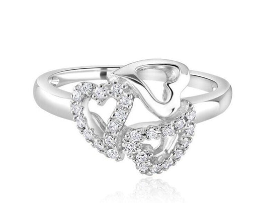 Real Diamond Three Heart Ring Solid White Gold Three Hearts Engagement 
