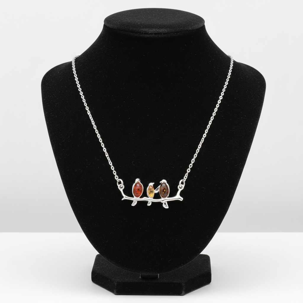 Natural Amber Three Bird Necklace Solid Sterling Silver 925 Hallmark 16" Length