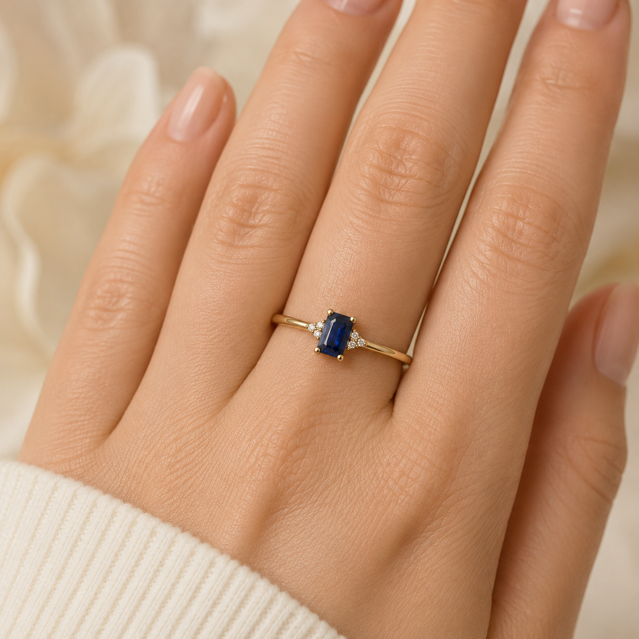 Sapphire Emerald Cut Solitaire Ring Real Diamond Accents 9ct Yellow Gold