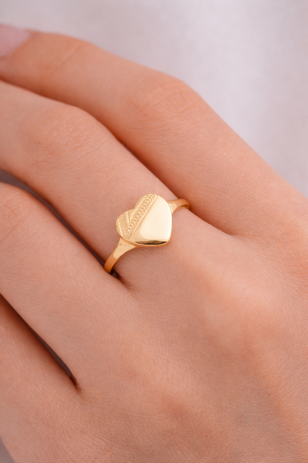 Yellow Gold Heart Signet Ring on Solid Sterling Silver 925 Hallmark Size K - S
