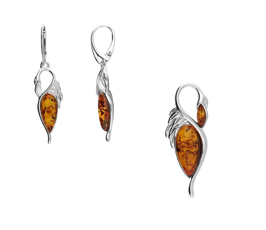 Cognac Amber Elegant Swan Pendant and Earrings Set Solid Sterling Silver 925