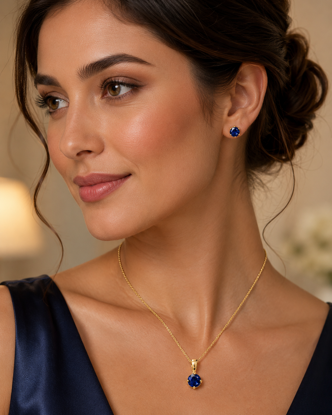 Classic Blue Sapphire Solitaire Pendant on Chain with Matching Stud Earrings
