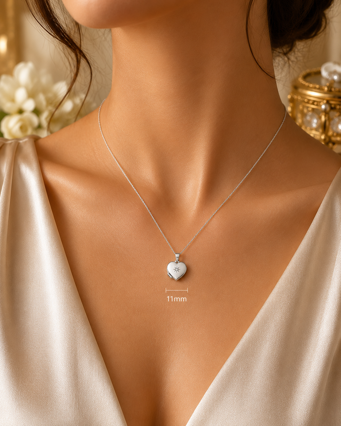 Heart Shaped Silver Locket Pendant with Natural Diamond 18" Chain 925 Hallmark