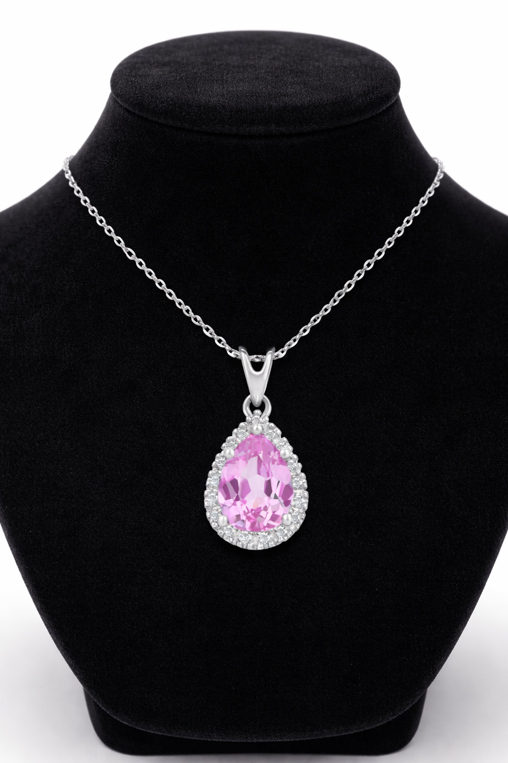 Pink Sapphire Pear Pendant With Diamonds 9ct White Gold 18" 46cm Length Chain
