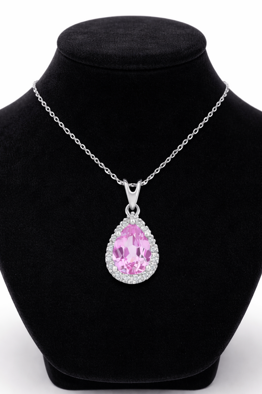 Pink Sapphire Pear Pendant With Diamonds 9ct White Gold 18" 46cm Length Chain