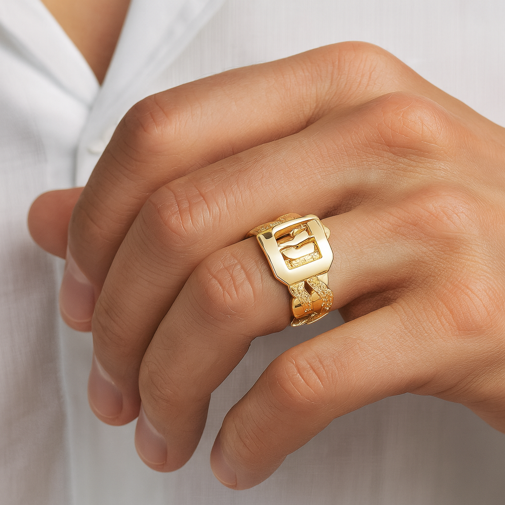 Gents Chunky Buckle Ring 18ct Yellow Gold on Solid Sterling Silver Size P - Z+1