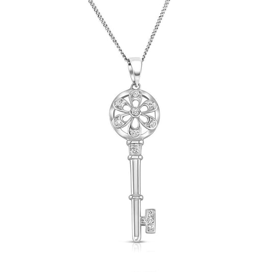 9ct White Gold 0.11ct Diamond Key Pendant 18" Chain Made in London