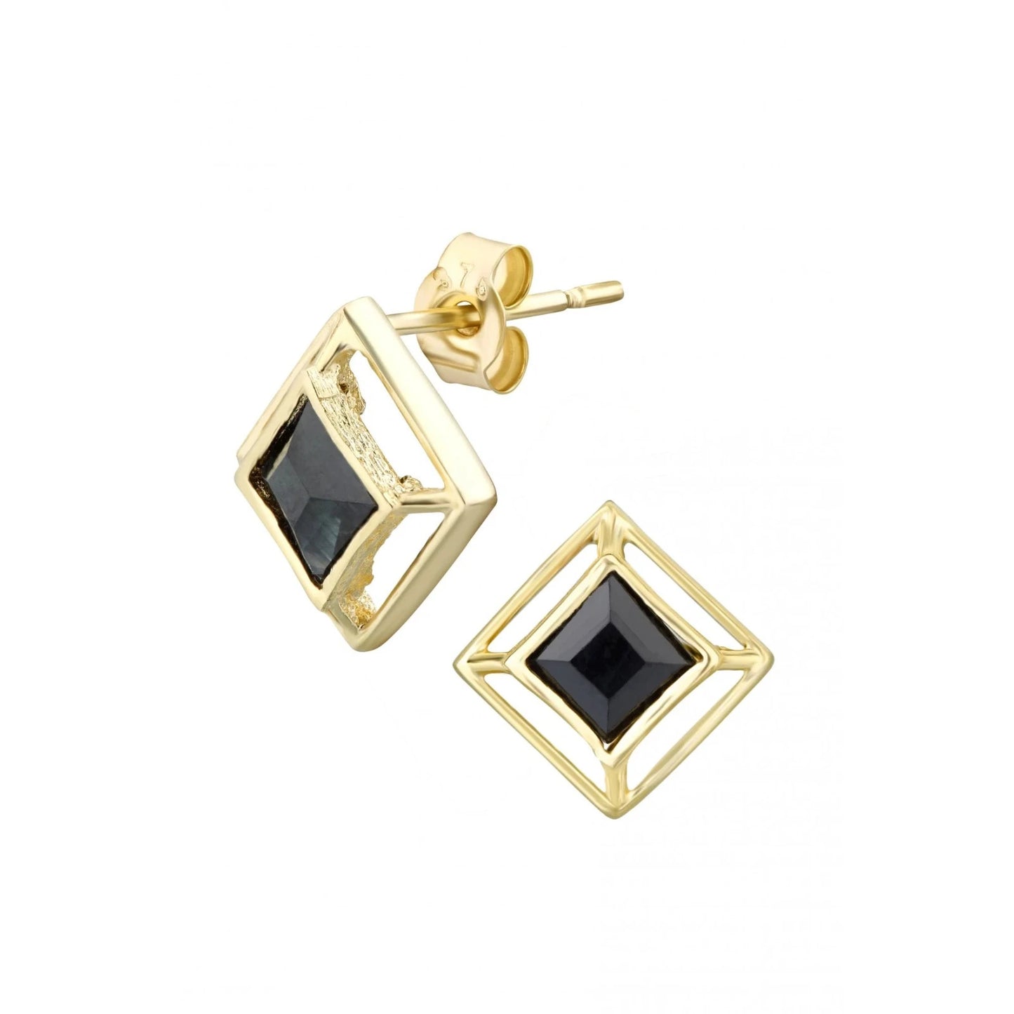 Natural Sapphire Square Stud Earrings Princess Cut 9ct Yellow Gold Hallmarked