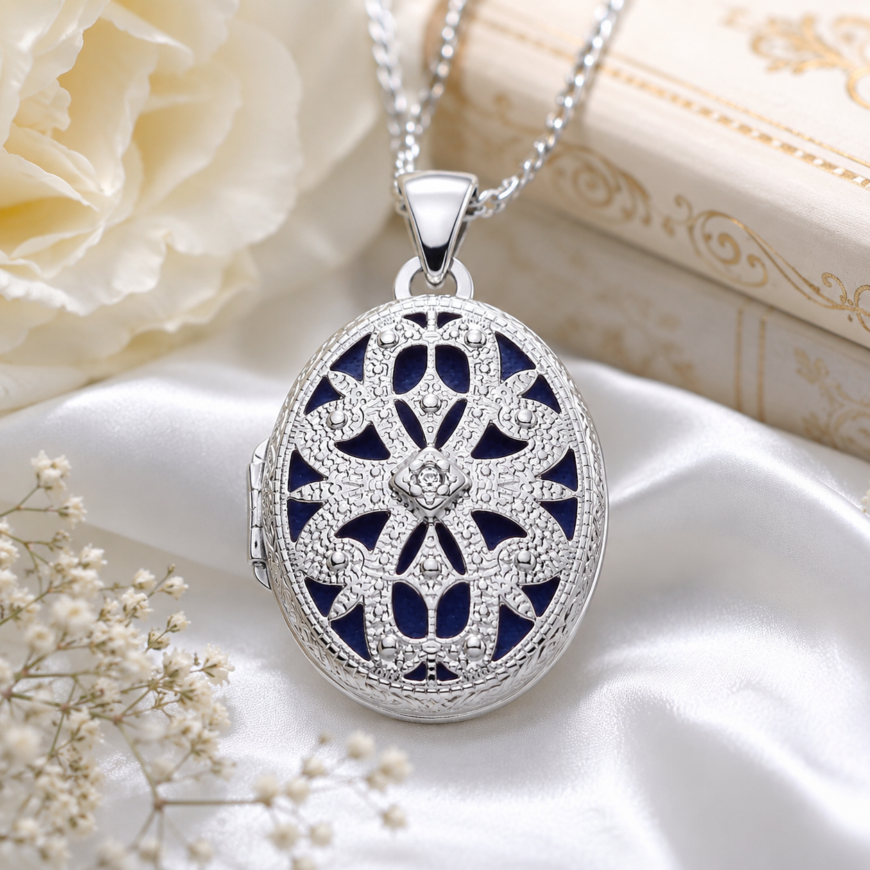 Elegant Oval Filigree Locket Pendant Natural Diamond Sterling Silver 18" Chain