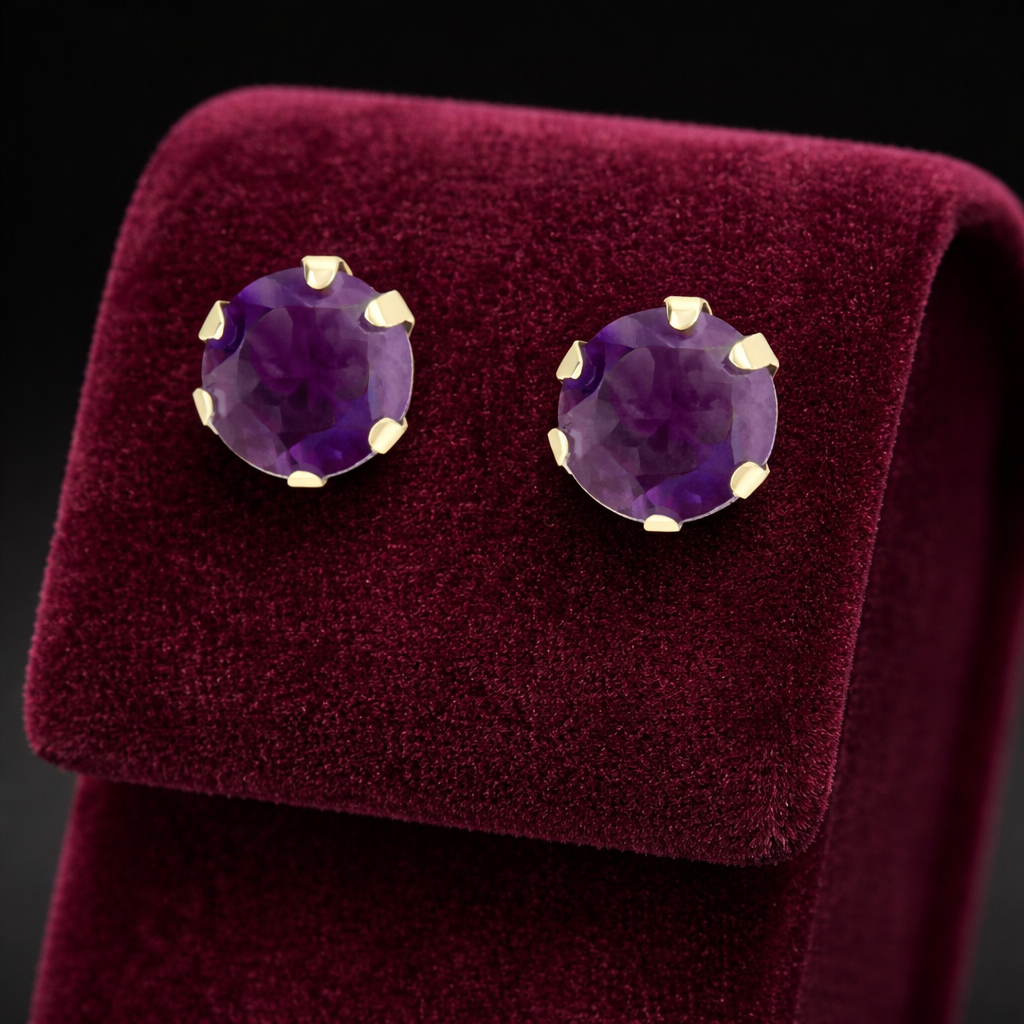 Natural Amethyst Solitaire Stud Earrings 9ct Yellow Gold Hallmarked