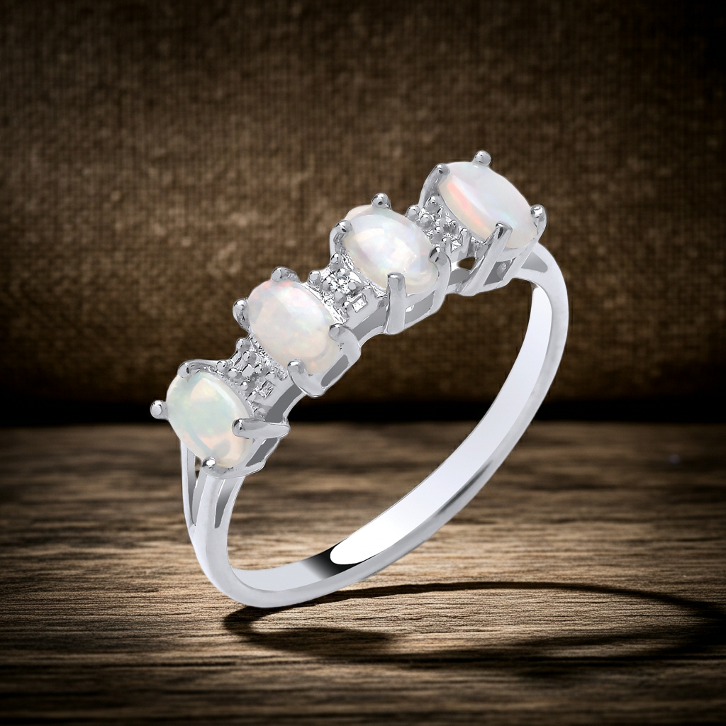 Natural Opal and Diamond Eternity Ring Solid Sterling Silver 925 Size J - V