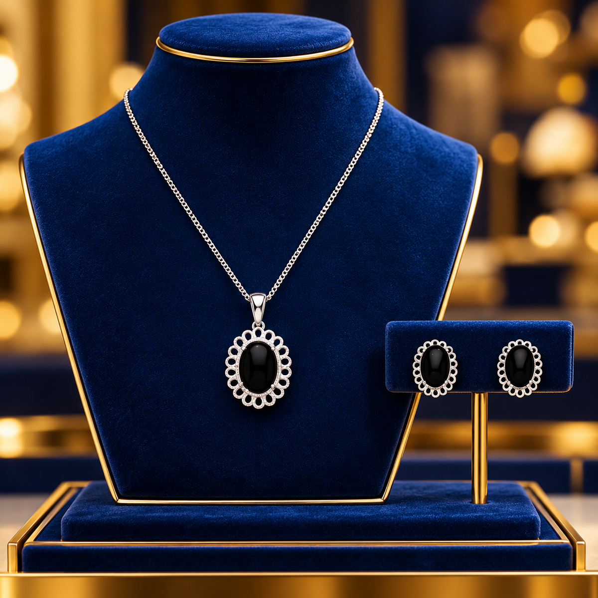 Real Onyx Pendant and Matching Earrings Set Solid Sterling Silver 925 18" Chain