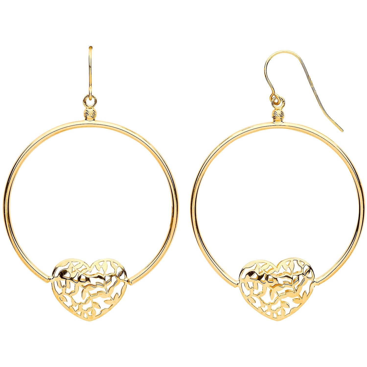 Filigree Heart Drop Earrings 9ct Yellow Gold Hallmarked Round Tube 52mm Drops