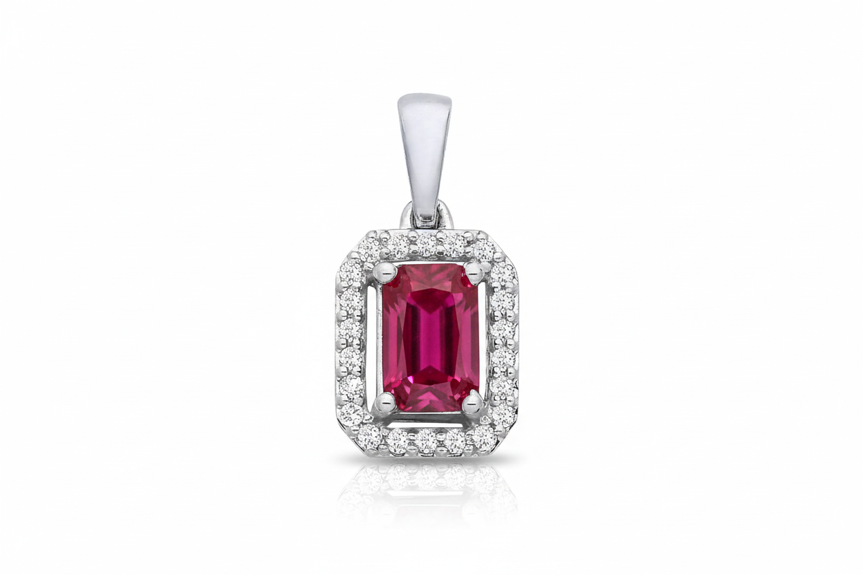 18ct White Gold Ruby and Diamond Pendant Made in London
