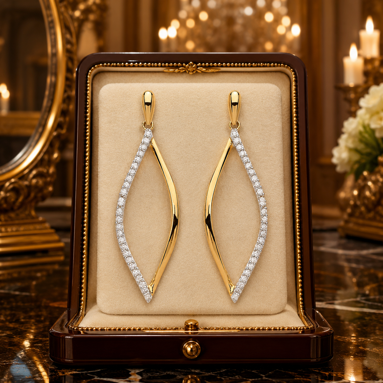 9ct Yellow Gold Diamond Twist Drop Earrings 30mm Dangle Pierced Ladies Gift Box