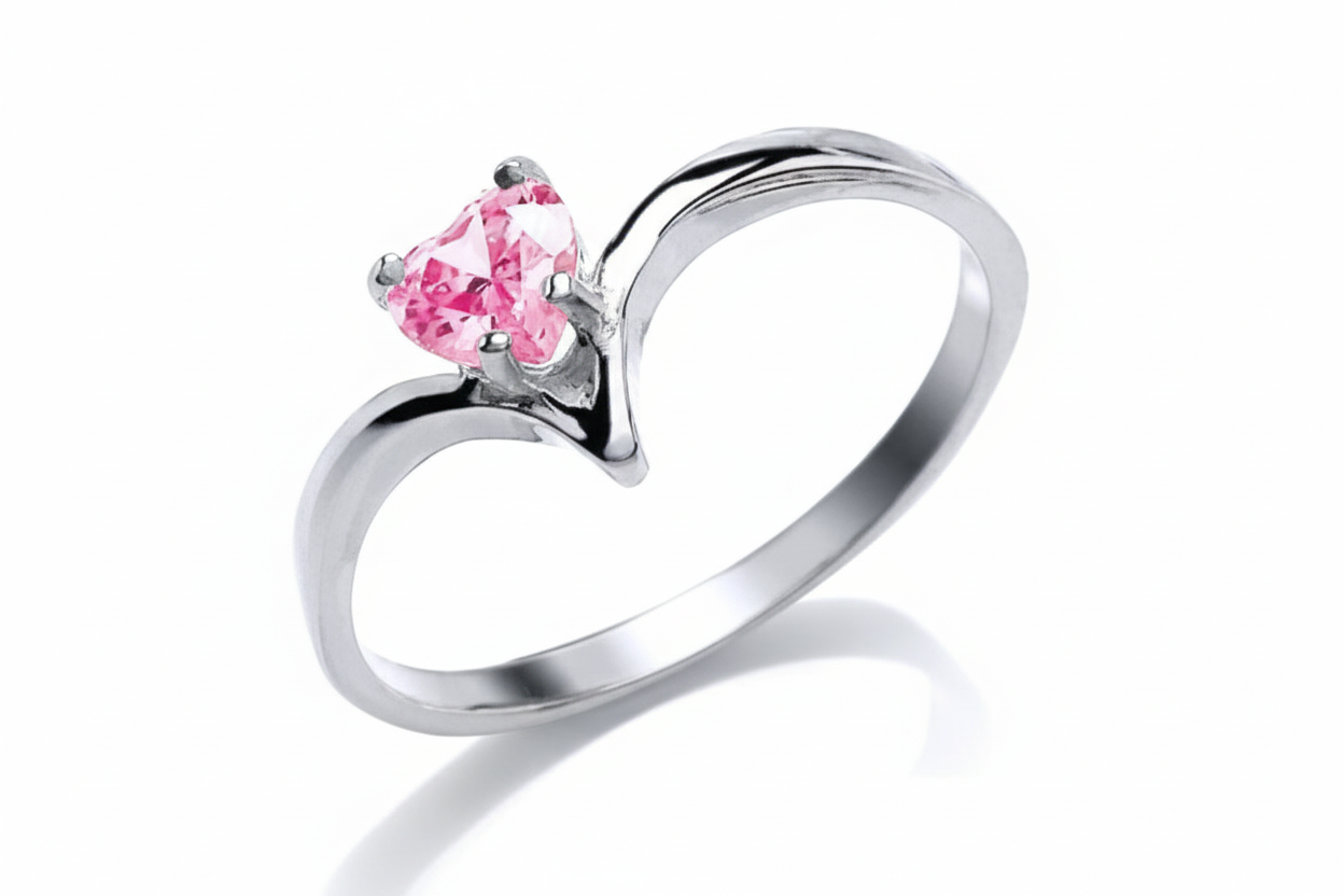 Solid Sterling Silver Wishbone Ring With Pink Heart Gemstone 925 Hallmark
