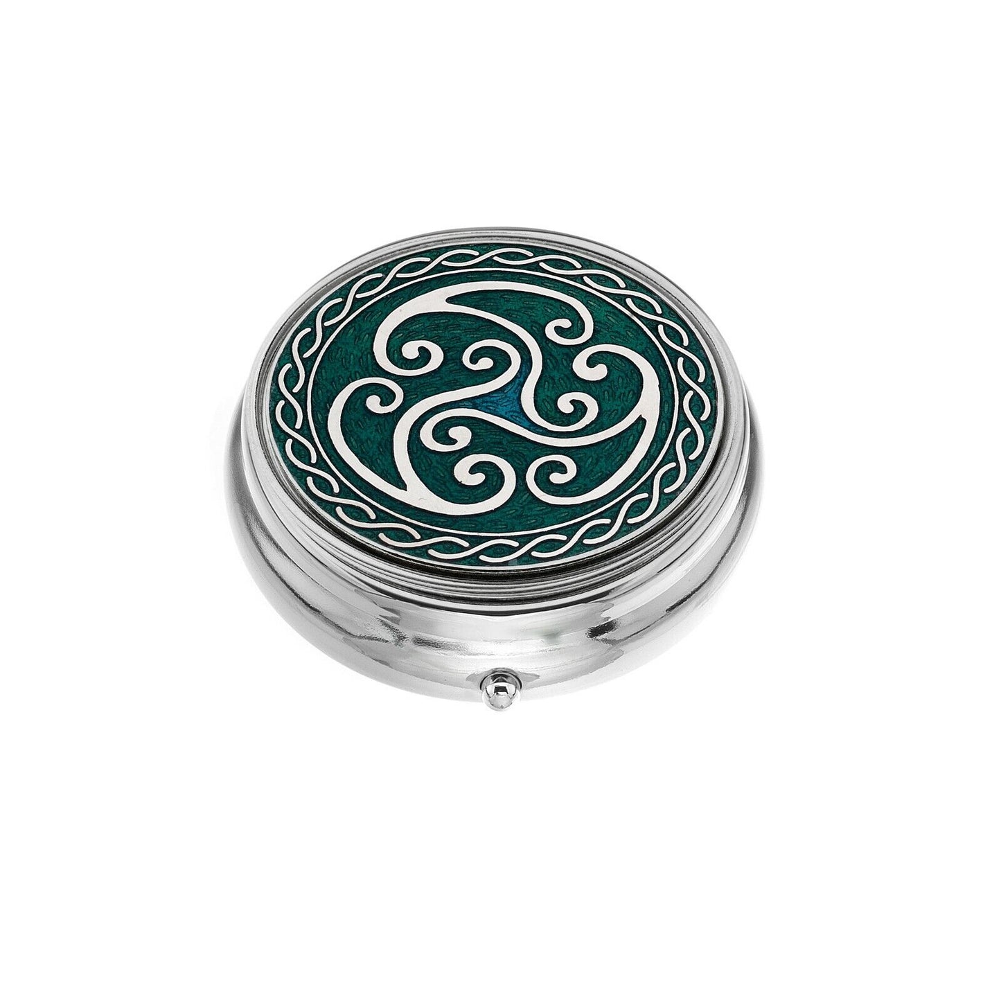 Large Pill Box Silver Plated Celtic Triskele Coils Green Brand New & Boxed