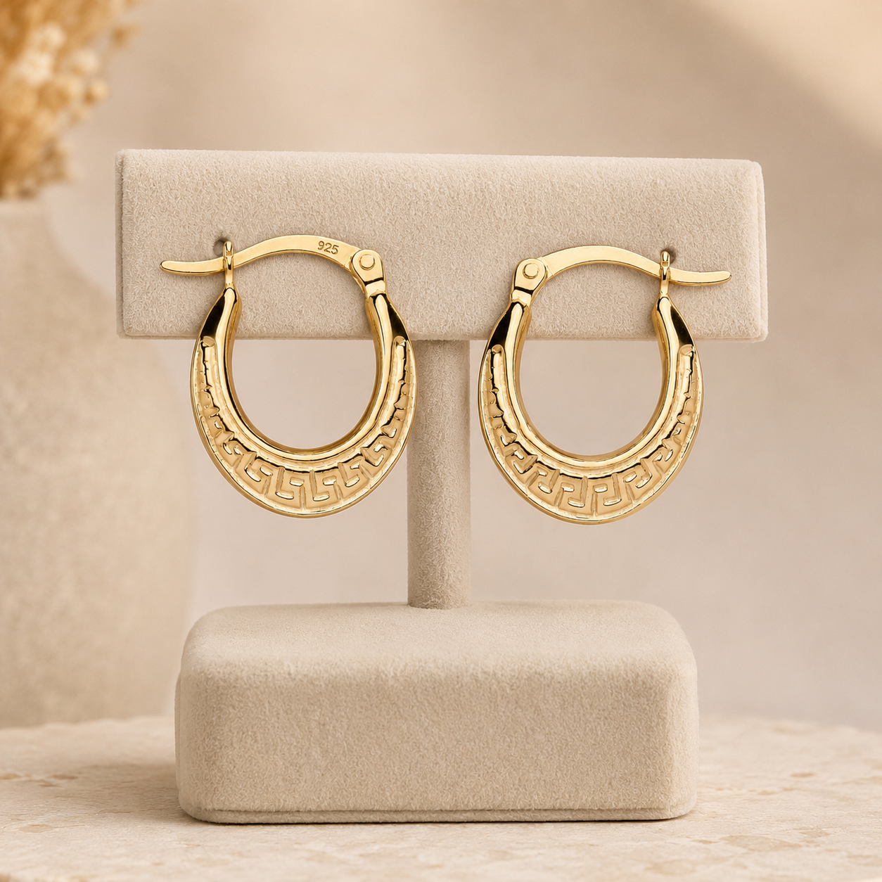Greek Key Oval Creole Hoop Earrings 18ct Gold on Sterling Silver 925