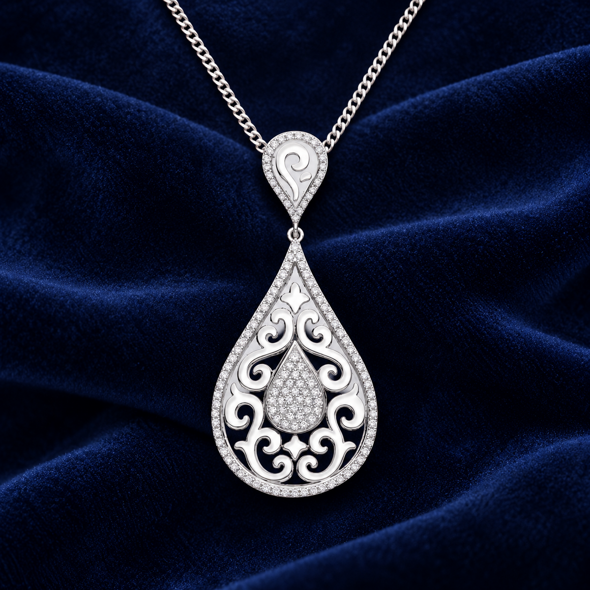 Diamond Filigree Teardrop Pendant Necklace 18" Chain 0.25ctw Genuine Diamonds