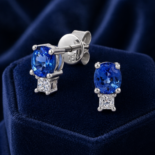 Natural Sapphire and Diamond Stud Earrings 18ct White Gold Studs Hallmarked