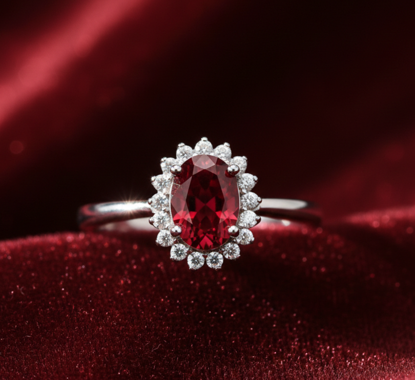 Sterling Silver Ruby Ring Oval Cluster Engagement 925 Hallmark Size K-S