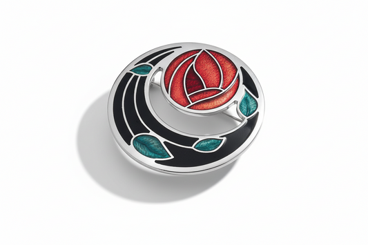 Black Mackintosh Rose and Coils Brooch Silver Plated Brand New Gift Packaging